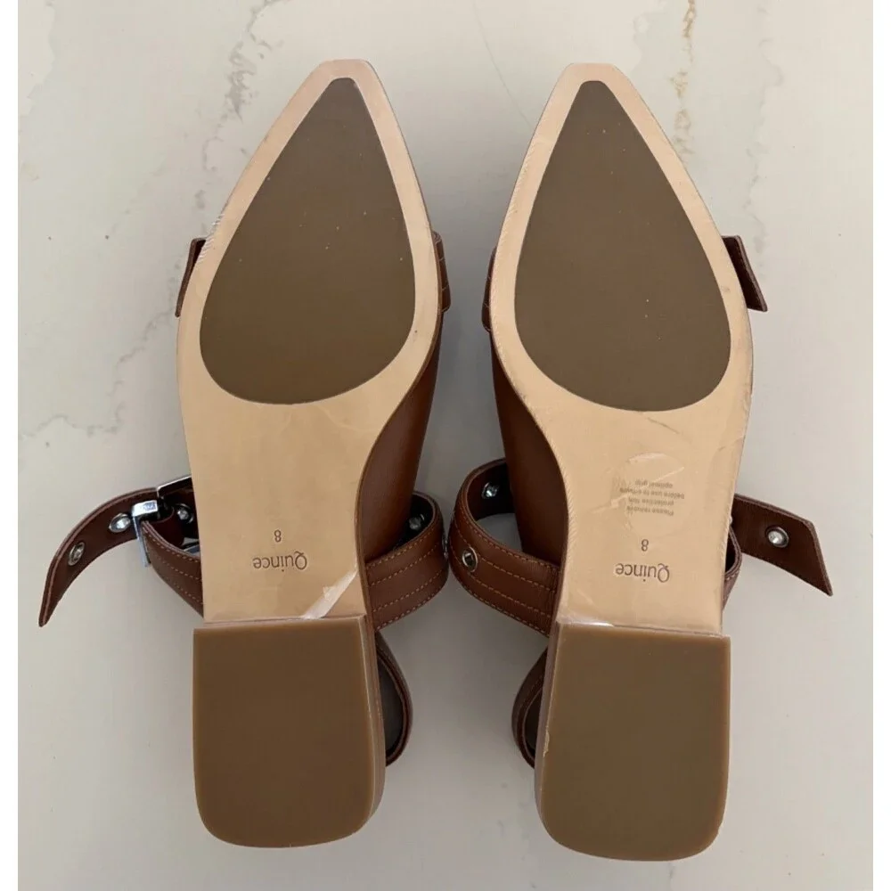 New Quince Women Italian Leather Bold Buckle Slingback Flat Cognac Shoes 8